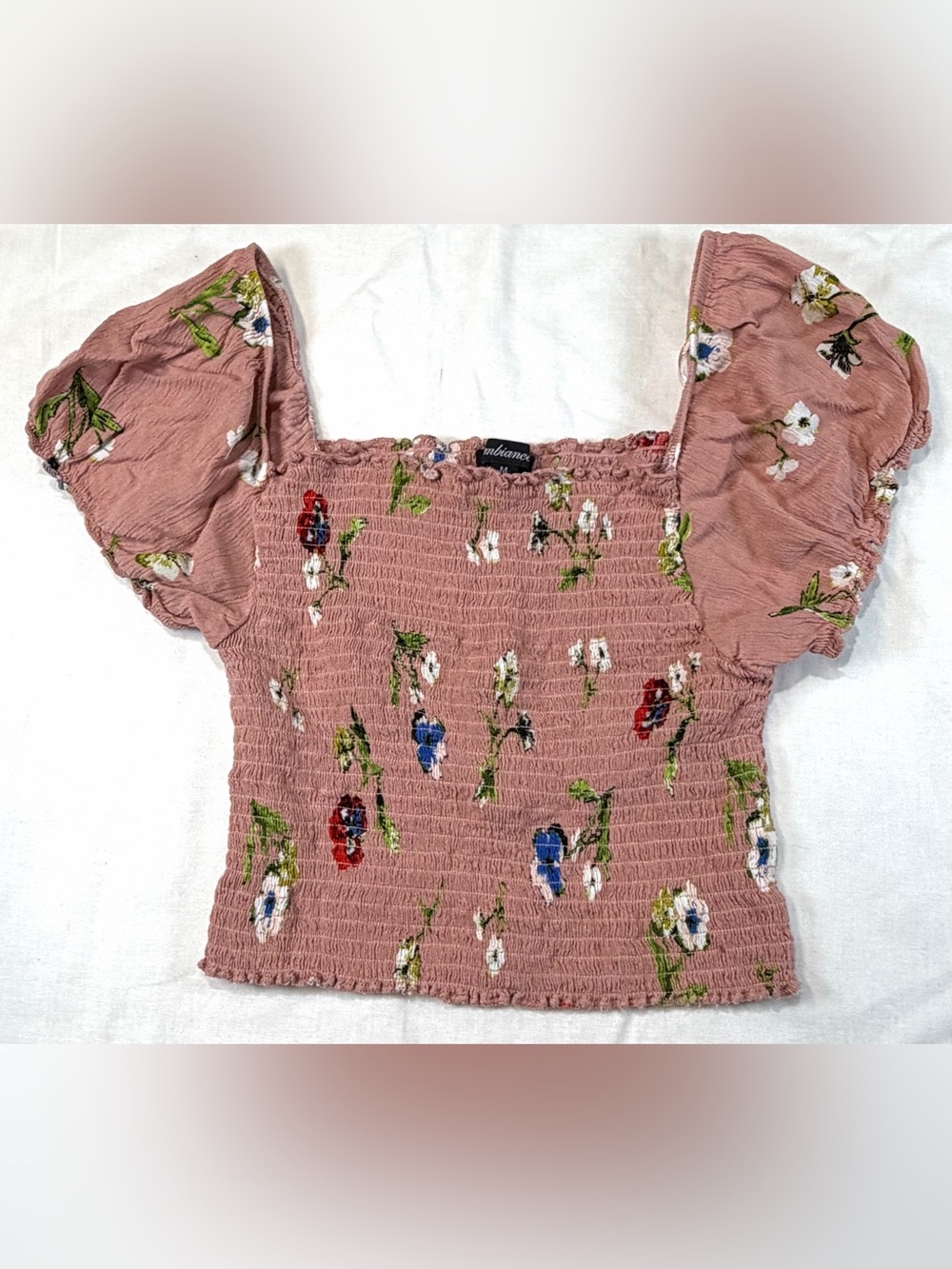 Ambiance Blush Pink Floral Smocked Puff Sleeve Crop Top